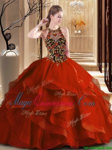 Excellent Scoop Ball Gowns Sleeveless Orange Red Quinceanera Gowns Brush Train Backless