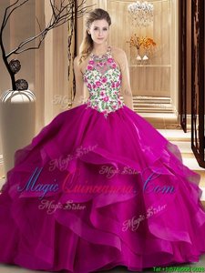 Scoop Sleeveless Tulle Vestidos de Quinceanera Embroidery and Ruffles Brush Train Zipper