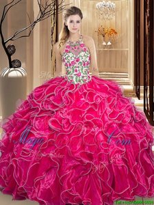 Scoop Hot Pink Sleeveless Organza Backless Quinceanera Dress for Military Ball and Sweet 16 and Quinceanera
