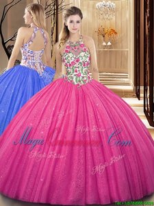 Fabulous Hot Pink Sweet 16 Dresses Military Ball and Sweet 16 and Quinceanera and For with Embroidery and Sequins Scoop Sleeveless Backless