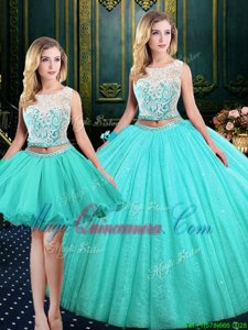 Custom Design Three Piece Scoop Sleeveless Vestidos de Quinceanera Floor Length Lace and Sequins Blue Tulle and Sequined