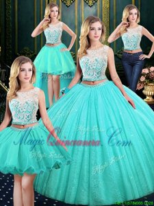 Four Piece Scoop Sleeveless Tulle and Sequined Quinceanera Dress Lace and Sequins Lace Up