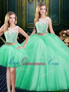 Three Piece Scoop Sleeveless Quinceanera Dress Floor Length Lace and Pick Ups Apple Green Satin and Tulle