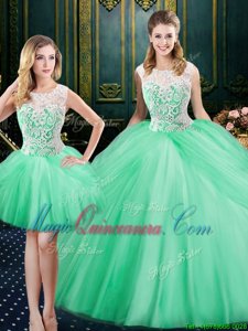 Three Piece Scoop Sleeveless Tulle Vestidos de Quinceanera Lace and Pick Ups Lace Up