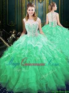 Fashionable Scoop Zipper Ball Gown Prom Dress Green and In for Military Ball and Sweet 16 and Quinceanera with Appliques and Ruffles Brush Train