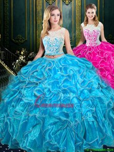 Inexpensive Scoop Sleeveless Quinceanera Dress Floor Length Lace and Ruffles Baby Blue Organza
