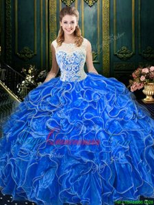 Smart Scoop Royal Blue Sleeveless Floor Length Lace and Ruffles Zipper Sweet 16 Dress