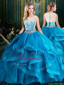 Scoop Baby Blue Zipper Vestidos de Quinceanera Lace and Ruffles Sleeveless With Brush Train