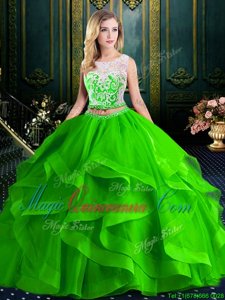 Spectacular Tulle Scoop Sleeveless Brush Train Zipper Lace and Ruffles Quince Ball Gowns in