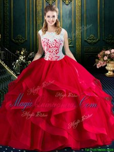 Adorable Red Quinceanera Gown Military Ball and Sweet 16 and Quinceanera and For with Lace and Ruffles Square Sleeveless Brush Train Zipper