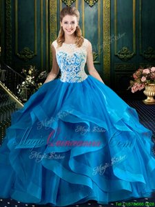 Gorgeous Scoop With Train Zipper Quinceanera Dresses Baby Blue and In for Military Ball and Sweet 16 and Quinceanera with Lace Brush Train