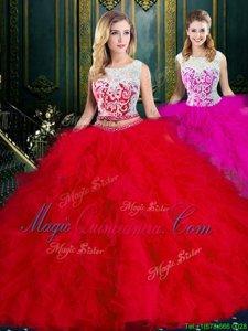 Luxury Scoop Sleeveless Tulle Floor Length Zipper Quince Ball Gowns in Red for with Lace and Ruffles