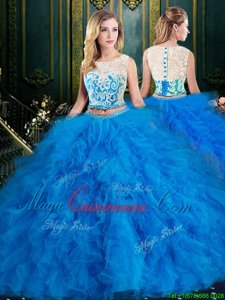 Scoop Blue Sleeveless Floor Length Lace and Ruffles Zipper Sweet 16 Dresses