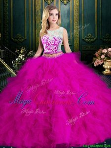 Flare Fuchsia Zipper Scoop Lace and Ruffles Sweet 16 Dresses Tulle Sleeveless