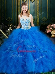 Low Price Ball Gowns Quinceanera Dress Blue Scoop Tulle Sleeveless Floor Length Zipper