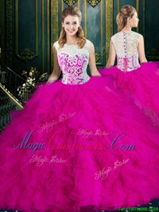 Delicate Floor Length Fuchsia Quinceanera Dresses Scoop Sleeveless Zipper