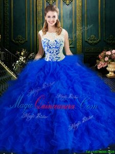 Perfect Scoop Royal Blue Sleeveless Floor Length Lace and Ruffles Zipper 15th Birthday Dress