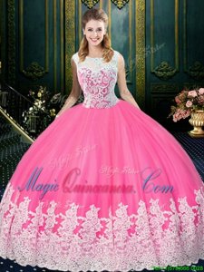 Custom Fit Scoop Rose Pink Sleeveless Lace and Appliques Floor Length Quince Ball Gowns