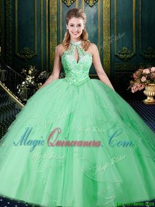 Adorable Halter Top Beading and Lace and Ruffles and Ruching Sweet 16 Quinceanera Dress Apple Green Lace Up Sleeveless Floor Length