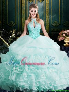 Custom Design Apple Green Halter Top Neckline Beading and Lace and Ruffles Quinceanera Dresses with Wigs Sleeveless Clasp Handle