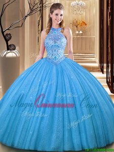 Best Selling Baby Blue Ball Gowns High-neck Sleeveless Tulle Floor Length Backless Embroidery Sweet 16 Dress