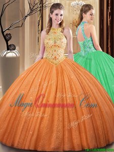 Tulle High-neck Sleeveless Backless Embroidery and Hand Made Flower Vestidos de Quinceanera in Orange