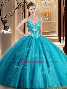 Discount Teal Spaghetti Straps Neckline Beading and Lace and Appliques Sweet 16 Dress Sleeveless Lace Up