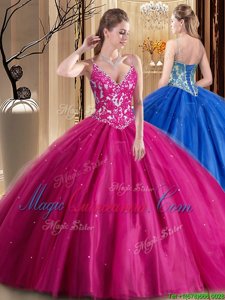 Admirable Floor Length Lace Up Quinceanera Gowns Hot Pink and In for Military Ball and Sweet 16 and Quinceanera with Beading and Appliques