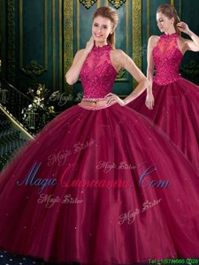 Sophisticated Tulle High-neck Sleeveless Lace Up Beading and Lace 15th Birthday Dress in Burgundy