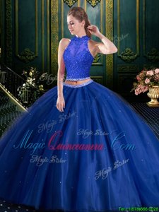 Tulle High-neck Sleeveless Lace Up Beading and Lace and Appliques 15th Birthday Dress in Navy Blue
