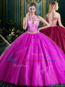 Glittering Fuchsia Ball Gown Prom Dress Military Ball and Sweet 16 and Quinceanera and For with Beading and Lace and Appliques Halter Top Sleeveless Lace Up