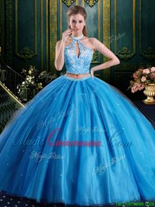 Halter Top Baby Blue Two Pieces Beading and Lace and Appliques Sweet 16 Quinceanera Dress Lace Up Tulle Sleeveless Floor Length