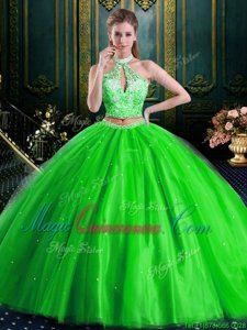 High Class Halter Top Sleeveless Lace Up Floor Length Beading and Lace and Appliques Quinceanera Dress