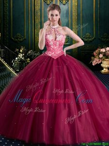 Halter Top Burgundy Sleeveless Floor Length Beading and Lace and Appliques Lace Up Quinceanera Dresses