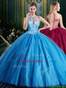 Fancy Halter Top Baby Blue Tulle Lace Up Quinceanera Dress Sleeveless Floor Length Beading and Lace and Appliques