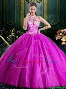 Top Selling Tulle Halter Top Sleeveless Lace Up Beading and Lace and Appliques Quinceanera Dress in Fuchsia