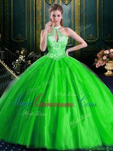 Luxury Halter Top Beading Quinceanera Dress Lace Up Sleeveless Floor Length