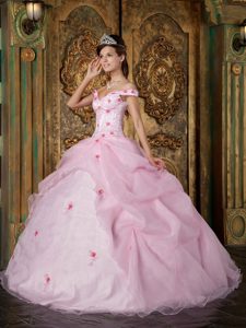 Pink Organza Ball Gown Appliqued Quinceanera Gowns off Shoulder