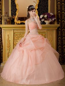 Beading and Pick ups Accent Quinceanera Dresses in Peach Color