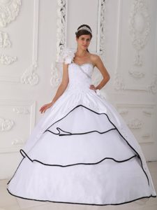 Flowers Accent One Shoulder White Quinceanera Gowns Black Frills