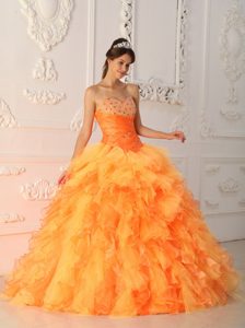 Beaded Orange Red Organza Quinceanera Gowns with Puffy Ruffles