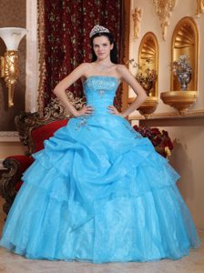 Baby Blue Strapless Dresses for 15 with Appliques and Pick ups