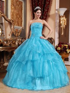 Ruched Blue Organza Floor Length Dresses 15 with Beading Ruffles