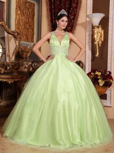 Beading V-neck Criss Cross Quinceanera Gown Dress in Yellow Green