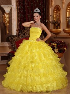 Beaded Bright Yellow Quinceanera Gown Dress with Ruffled Layers