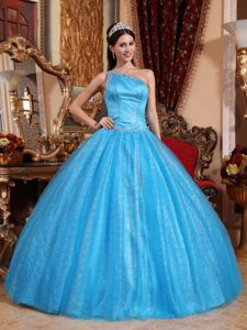 Beaded Blue One Shoulder Quinceanera Gown Dress with Full Sequins