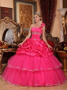 Hot Pink One Shoulder Dresses for A Quince with Flowers Pick ups