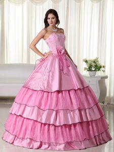 Rose Pink Ball Gown Dresses for A Quince with Flowers and Layers