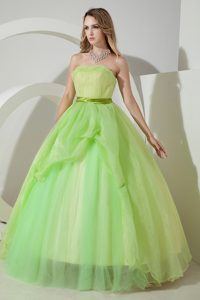 Spring Green Organza Sash Dresses for A Quince of Floor Length