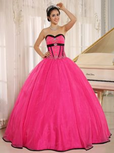 Beaded Hot Pink Organza Dresses for A Quince with Black Frills